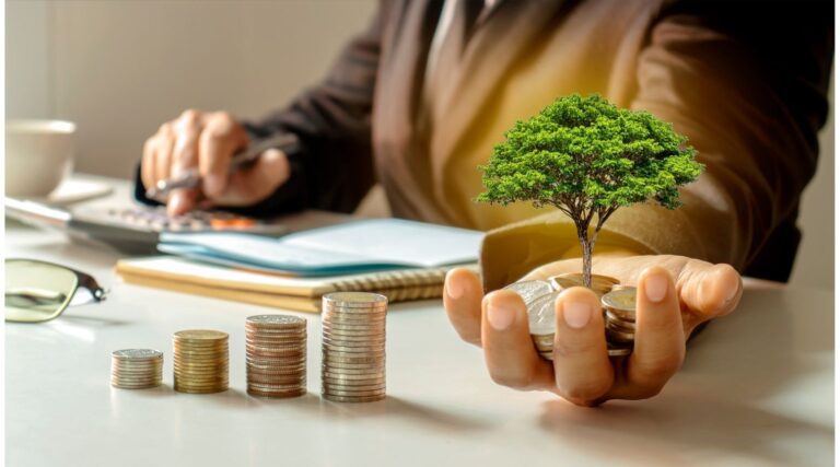 Business professional holding coins with a small tree growing from them, symbolizing sustainability and economic growth in retail.