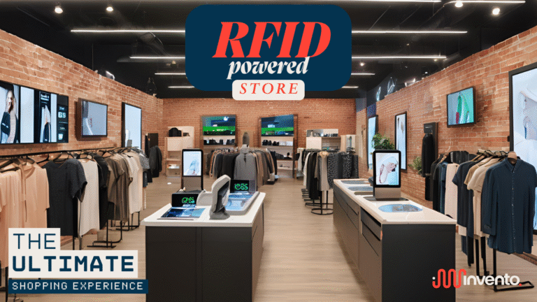 RFID powered store showcasing modern retail technology with clothing displays, interactive screens, and inventory management systems, emphasizing the ultimate shopping experience by Invento RFID.