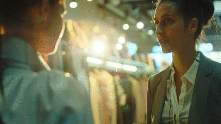 Woman in a suit engaging with a colleague in a retail environment, surrounded by clothing displays, emphasizing RFID technology's impact on fashion retail.