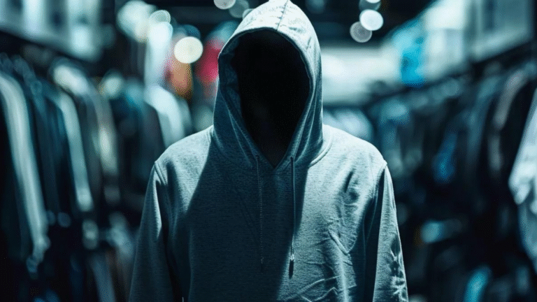 Person in a gray hoodie standing in a clothing store, emphasizing retail security and customer experience in the context of RFID technology.