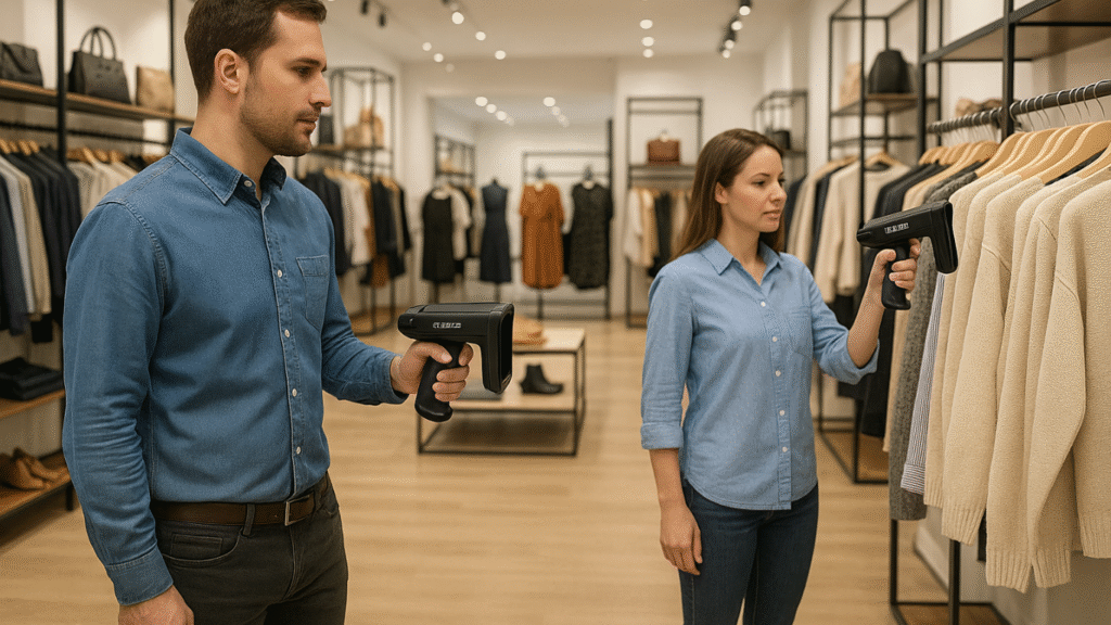 a couple of store associates in different places of the store utilizing RFID handhelds like the Chainway C72 to conduct an apparel inventory of a modern and well iluminated apparel store.