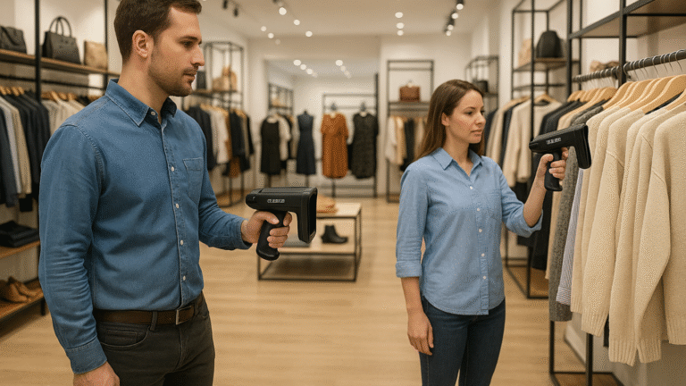 Two retail employees using handheld RFID scanners in a clothing store, scanning garments on display, demonstrating RFID technology for inventory management.