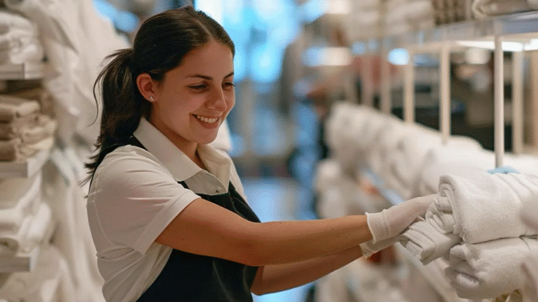 Woman organizing neatly stacked towels in a retail environment, showcasing efficient inventory management related to RFID solutions in retail.