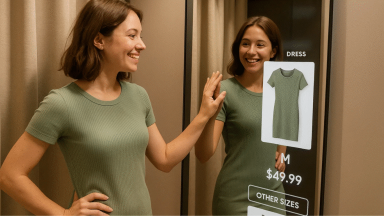 Woman interacting with a smart mirror in a fitting room, showcasing a green dress with price and size options, highlighting the integration of RFID technology in enhancing retail experiences.