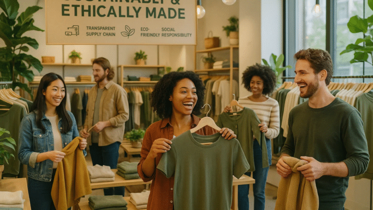 Group of diverse individuals in a retail setting showcasing sustainably and ethically made clothing, emphasizing eco-friendly practices and social responsibility.
