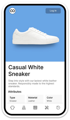 Footwear displayed on a  Digital Passport platform mobile app interface, highlighting attributes like type, material, and color, emphasizing sustainable fashion practices and product traceability.