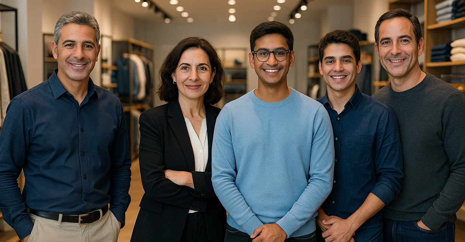 About Us 13 Group of five professionals posing together in a retail setting, showcasing teamwork and leadership in RFID solutions for inventory management and operational efficiency.